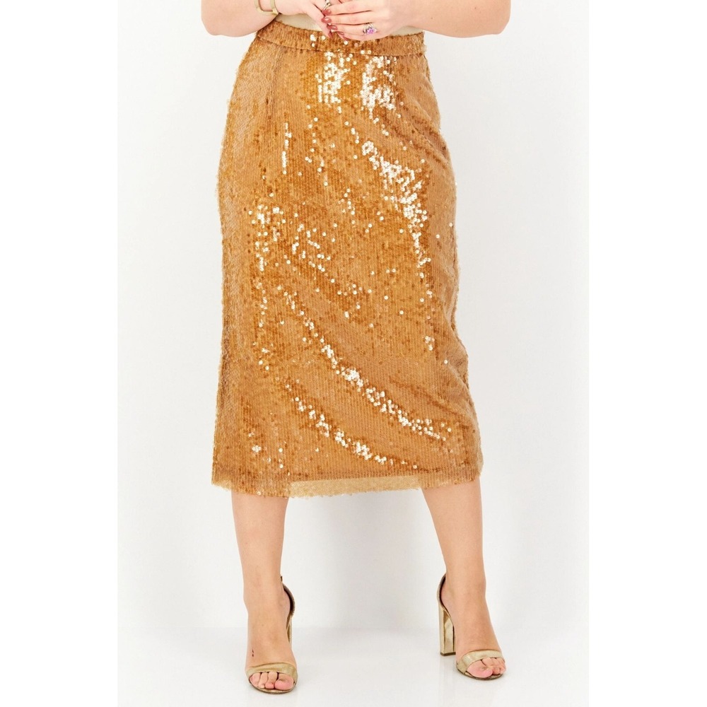 OPT Womens One Pretty Time Embellished Sequins Gold Midi Skirt Size L NWT $195‎